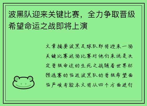 波黑队迎来关键比赛，全力争取晋级希望命运之战即将上演