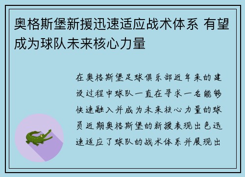 奥格斯堡新援迅速适应战术体系 有望成为球队未来核心力量