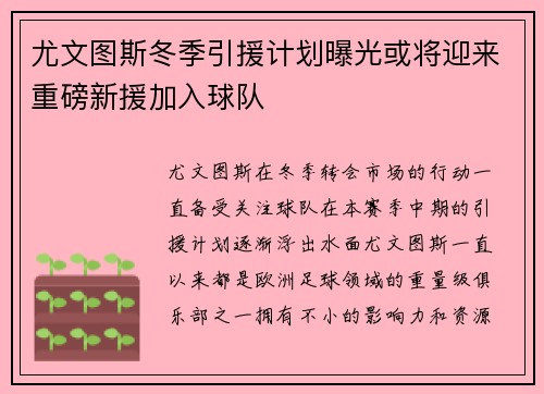 尤文图斯冬季引援计划曝光或将迎来重磅新援加入球队