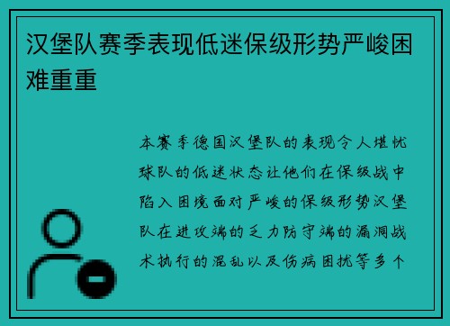 汉堡队赛季表现低迷保级形势严峻困难重重