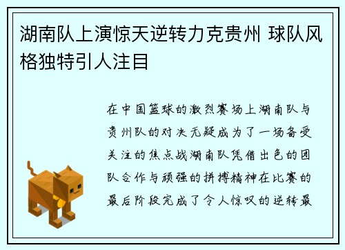 湖南队上演惊天逆转力克贵州 球队风格独特引人注目
