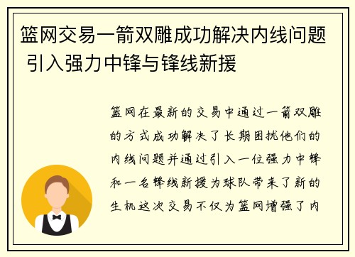 篮网交易一箭双雕成功解决内线问题 引入强力中锋与锋线新援
