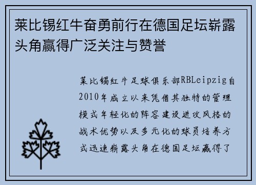 莱比锡红牛奋勇前行在德国足坛崭露头角赢得广泛关注与赞誉